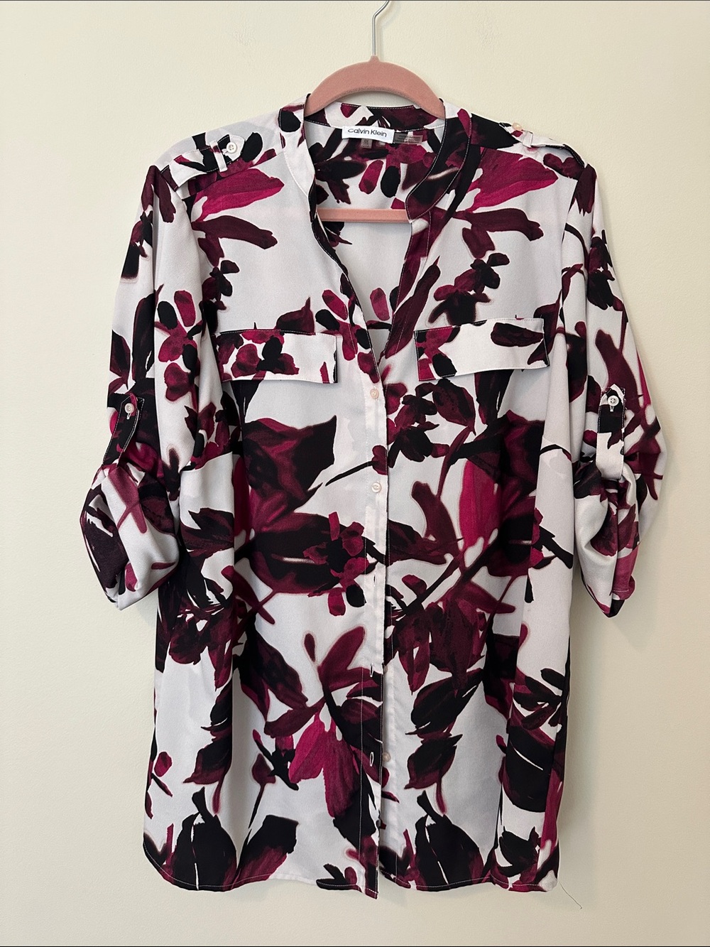 Calvin Klein White Blouse with Berry and Black Floral Brushstrokes